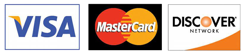 We accept Mastercard, Visa, and Discover.